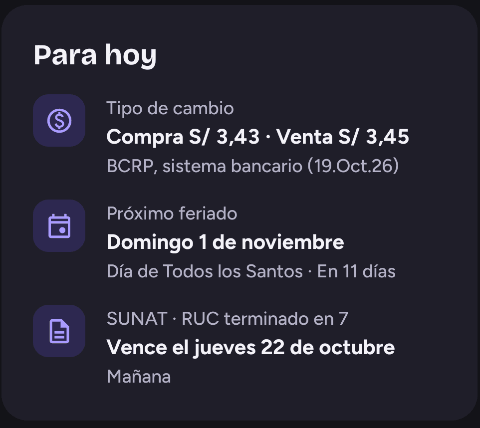 La tarjeta «Para hoy» de Haku: tipo de cambio, próximo feriado y vencimiento de la SUNAT
